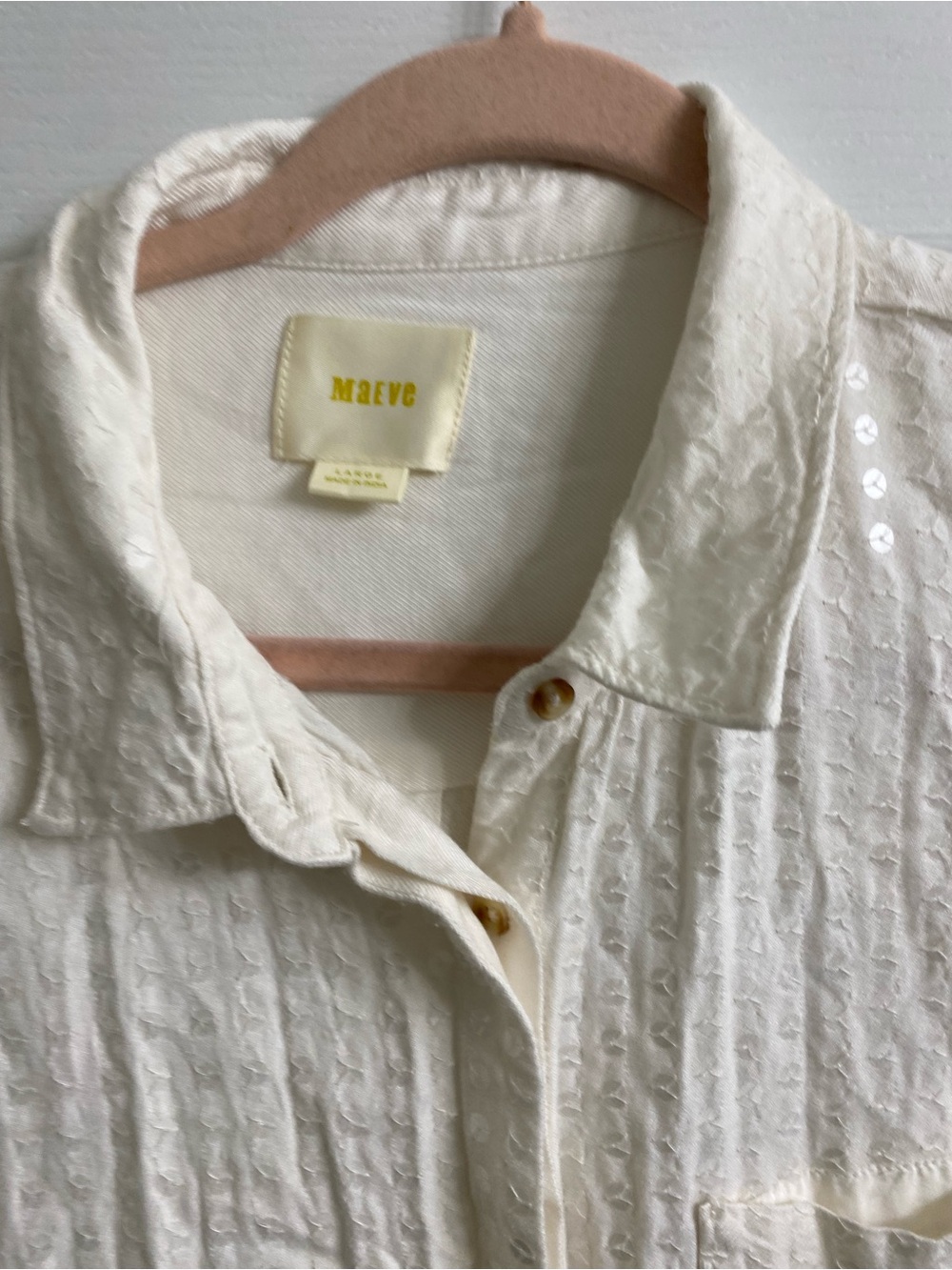 Anthropologie Maeve Sequn Textured Button Down Long Sleeve Lagenlook Cream Top L - Picture 11 of 15